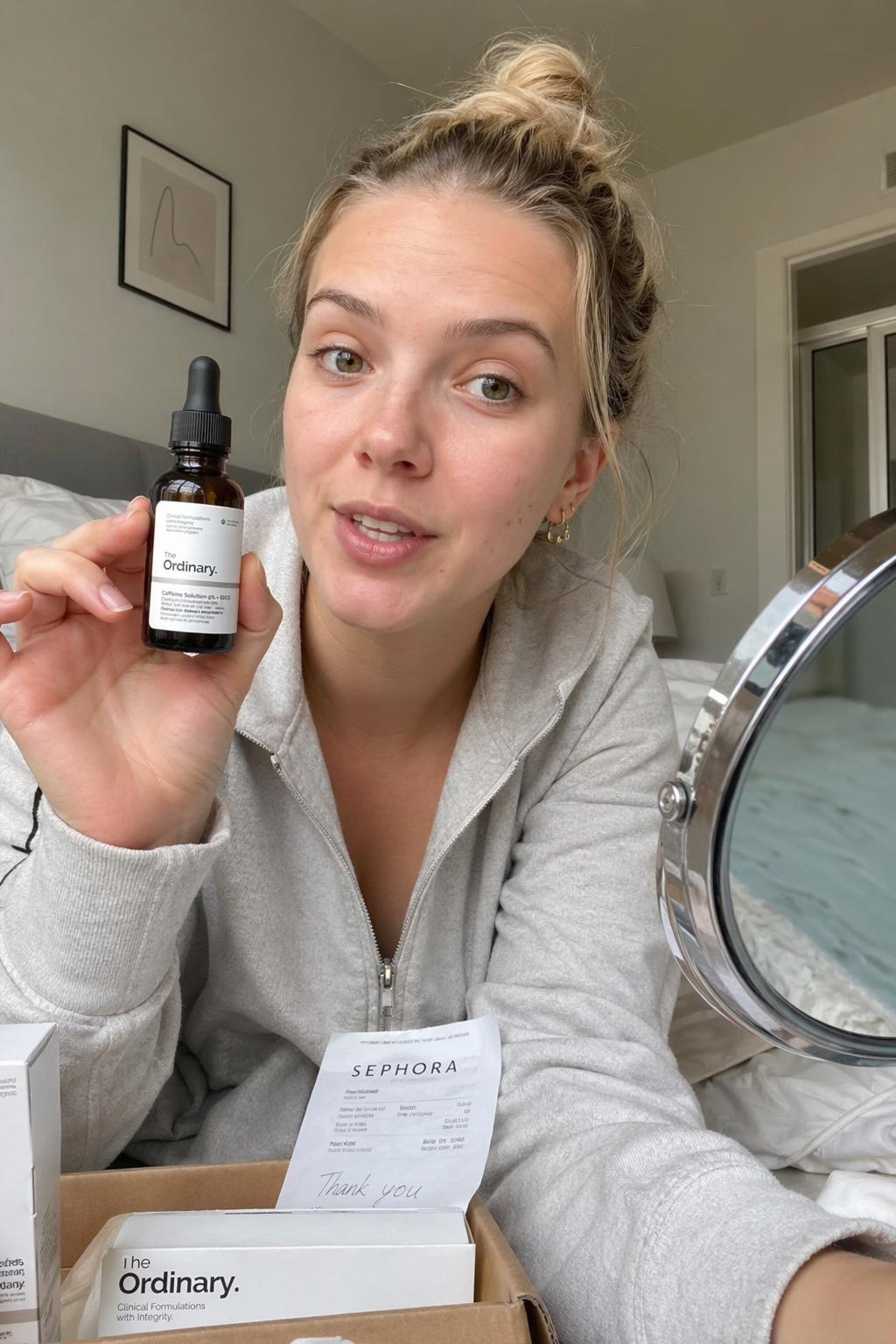 Reseña de cliente grabada con el móvil y prueba visible del producto